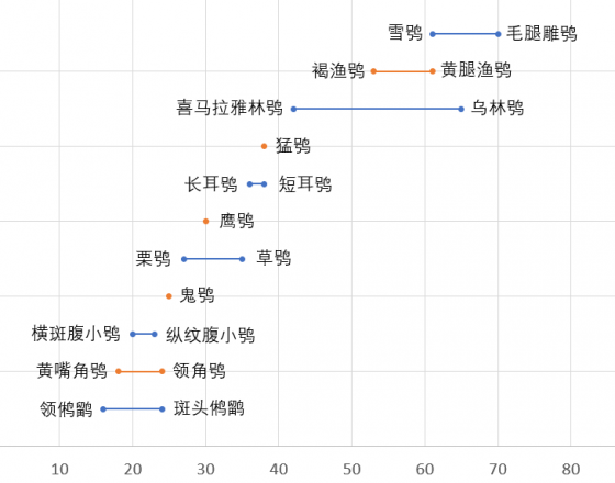 中国的鸮形目平均身长对比